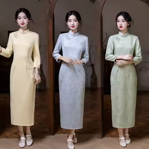 Women's Elegant Chinese Style Qipao Dress Mandarin Collar 3/4 Sleeve Cheongsam Long Dress