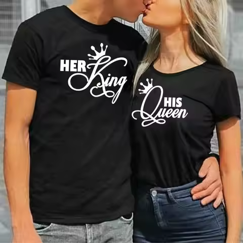 Her King His Queen Couples T Shirt Crown Print Couple Tshirt Summer Fashion Woman T-shirt Casual O-N