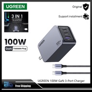 UGREEN เครื่องชาร์จ GaN USB C 3พอร์ตวอลล์ชาร์จด่วนที่ชาร์จสำหรับเดินทาง Ugrean 100W