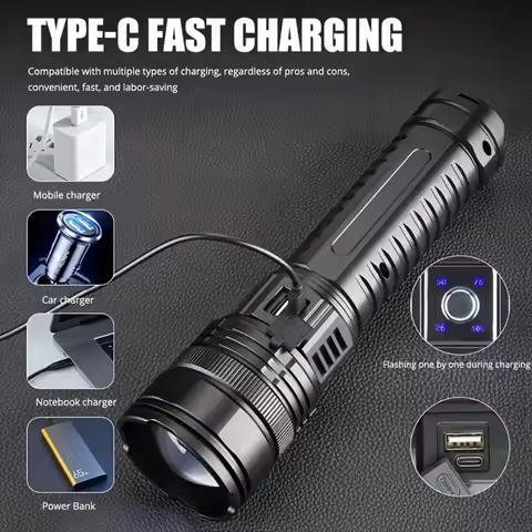 1pc Led Flashlights Tactical Emergency Spotlights Telescopic Zoom Built-in Battery USB Rechargeable 