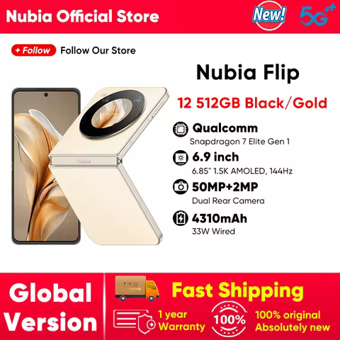 Nubia Flip 5G Snapdragon 7 Gen 1 16GB+512GB 6.9" AMOLED 120Hz Foldable Phone 50MP Dual Camera 33W Fa