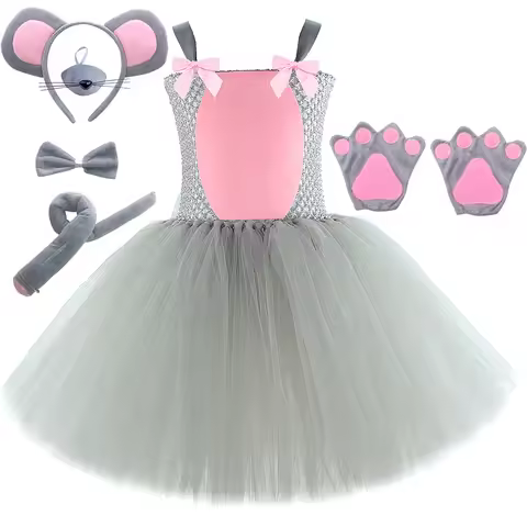 Baby Girls Pink Gray Mouse Costumes for Kids Toddler Grey Rat Tutu Dress with Ears Bow Tie Tail Chil