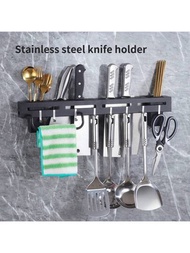 不銹鋼壁掛刀架，搭配筷子筒、毛巾架、多功能掛鉤，用於廚房工具組織，黑/灰色