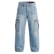 DAVIE JONES [BE FEARLESS] กางเกงคาร์โก้ผู้ชาย Denim Cargo Baggy สีฟ้า ดำ CO0091