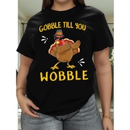 Plus Size - Plus Size - Women'S Funny Turkey Pilgrim Graphic T-Shirt - "Gobble Gobble Till You Wobbl