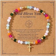 Christian Gifts Colorful Crystal Natural Stone Cross Stretch Bracelets for Women Men Faith Easter Ca