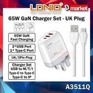 LDNIO A3511Q GaN 65W Charger Set Adaptor Fast Charging Charger IP Micro Type-C UK Plug LDNIO Charger