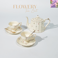 Violet Flamingo ชุดน้ำชาแสนหวานลายดอกไม้ขอบทอง Flowery Tea Set เซ็ตกาน้ำชา แก้วชาและจานรอง