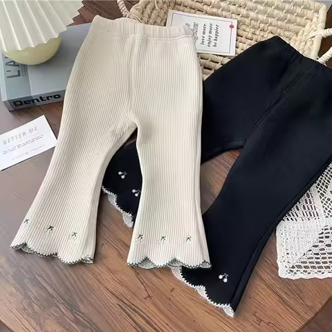 New Winter Kids Leggings Children Cute Embroidered Cherry Render Pants Kids Pit Strip Fleece Padded 