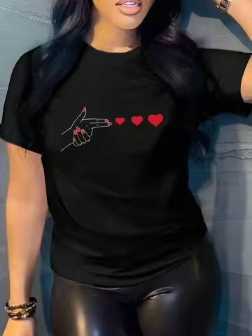 Women's Casual T-shirt with Heart-shaped Print Round Neck Short Sleeved Top and Short Sleeved Casual