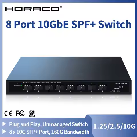 HORACO 10Gbe SFP+ Ethernet Switch 8 Port 10000Mbps Optical SFP+ Network Switch Plug and Play Home La