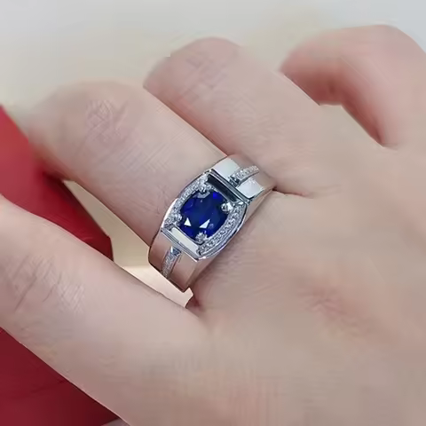 Popular White Gold Blue Gemstone Men's Ring 1CT Oval Shape Sapphire Engagement Ring For Men Genuine 