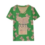 Rehin phong cách Châu Âu chai nước hoa in Rhinestone v-cổ ôm sát ngắn tay thời trang T-Shirt (S-4XL)