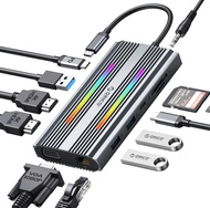Docking Station USB C to Dual HDMI Adapter, ORICO 12 in 1 RGB USB C Hub with Dual HDMI, VGA, 100W PD