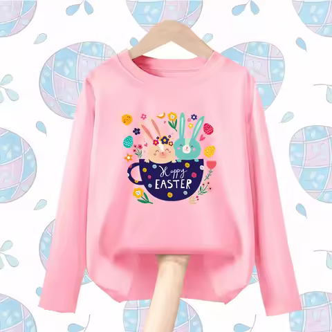 Aimi Lakana Children Spring Autumn Clothing Easter Bunny Cartoon T-shirt Baby Girls Long Sleeve Top 