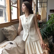 Women's Suit Vest Pleated Skirt Sets OL Sleeveless Blazer Waistcoat with A-line Short Skirt  2 Piece Outfits