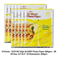 Cuyi RC High Glossy Photopaper Photopapers- 4R Size, 4x6 inches, 20 Sheets / Pack, 260gsm - 10 Packs
