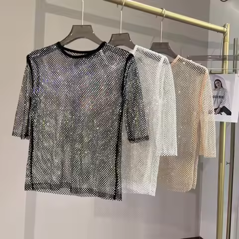 2023 New Mesh Diamonds Crystal Short Top Diamonds Super Fairy Inner Party Unlined Shiny Hollow Out B