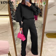 VONDA ชุดผู้หญิงขายาวเสื้อประดับมุกยาวขากว้างแขนโคมไฟยาวอเนกประสงค์ดีไซน์ทันสมัย