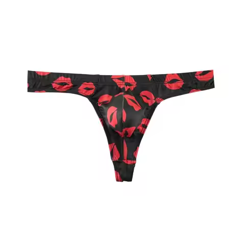 Comfortable Ice Silk Men Lip Pattern Thongs Low Waisted Lingerie Men's Panties with Mouth Print Red 