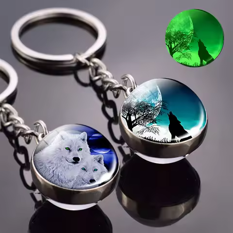 Glow in the Dark Wolf Key Chain Howling Wolf and Moon Keyring Double Side Glass Ball Keychain Wolf H