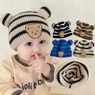 Baby hat, baby girl Beanie, baby boy Beanie, bear striped Beanie hat, pompom bear baby hat