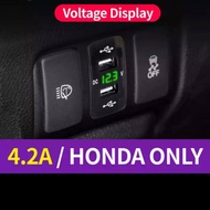 Honda USB Charger 2 Socket usb dan battery meter (green) untuk Honda Civic fd &amp; City &amp; crv &amp; Jazz &amp; odyssey Pengisian Cepat 4.2A Charger Mobil Usb Kendaraan DC12V-24V Kit Dual USB Charger 2 Port Kabel Soket Tegangan Display untuk Honda