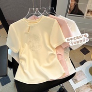 【Ready stock】新中式盘扣短袖t恤女夏季小众别致国风刺绣褶皱短款上衣New Chinese style buckle short sleeved T-shirt for women in s