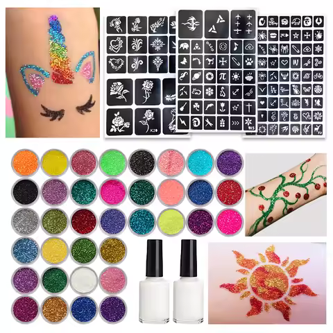 DIY Flash Tattoo 36 Colors of Glitter,Includes Multiple Tattoo Templates Glue Brushes Set,DIY Glitte