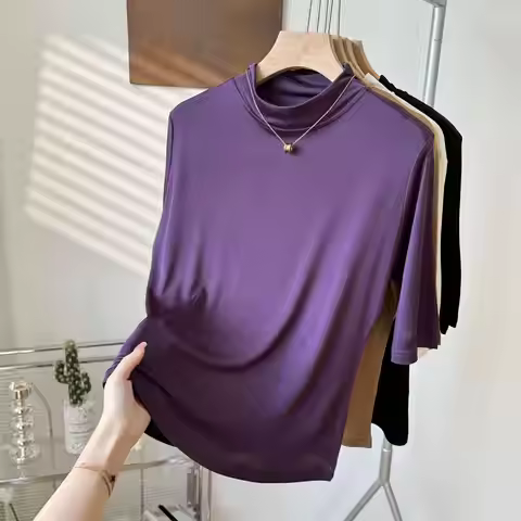 Yuyue's 100% Mulberry Silk Basic Women's T-shirt Solid Color Large Size Half Crew Neck Mulberry Silk
