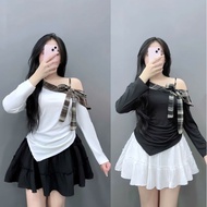 Women's Big Size Off Shoulder Bow Tie Shirt Long Sleeve Checkered Neckline With Cute Protective A-Li