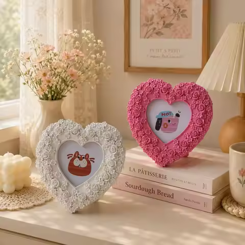 Resin heart-shaped 9x9cm Photo Frame Cartoon Creativity Tabletop Frame for Red/White Rose Texture Pi