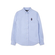 เสื้อเชิ้ตผู้หญิงฤดูใบไม้ผลิ RTW สีชมพูลายทางสีฟ้าคอโปโลแขนยาวทรงสลิมฟิตผ้าอ็อกซ์ฟอร์ดสไตล์อเมริกัน