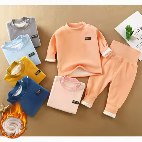 6M-4Y Autumn Thickened Kids Set Solid O-Neck Top and Pants Outfit for Boy Girl High Waist Plush Flee