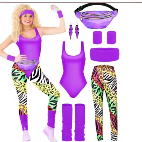 7-Piece 80s Neon Leotard Set Retro Aerobics Outfit Fitness Romper Jumpsuit