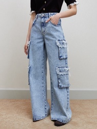 [Pomelo] กางเกงยีนส์คาร์โกมาพร้อมกระเป๋าแต่งดีเทลลูกไม้ / Lace Trim Pocket Cargo Jeans