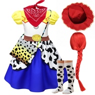 Girls Cowgirl Costume Cow Print Dress Set with Red Hat Wig Socks Bandana Bag Kids Halloween Cosplay 