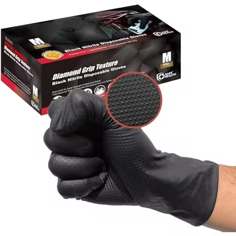 Black Nitrile Gloves Disposable 8-mil Latex Free Mechanic Gloves for Men Heavy Duty Diamond Textured