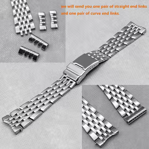 22mm Curve End And Straight End Links Polished Silver Stainless Steel Watchband For Breitling Naviti