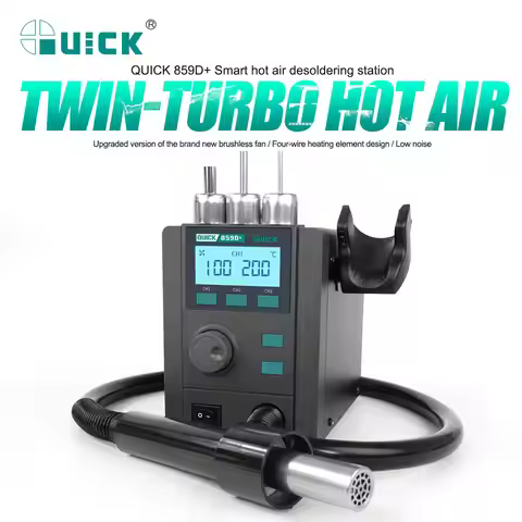 QUICK 859D+ Hot Air Desoldering Station,Vortex Whirls Out the Wind,Preset 3 Channels,Magnetic Switch