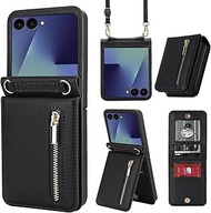 Compatible with Samsung Z Flip 7, Stand Stylish Flip, Protective Leather Case, Wallet with Zip, Card