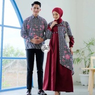 batik couple kombinasi polos modern / baju gamis wanita muslim terbaru - merah