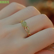 KIKO2E Hetian Jade Ring Simple Retro Finger Buckle Green Geometric Women Finger Ring Jade Beads Ring