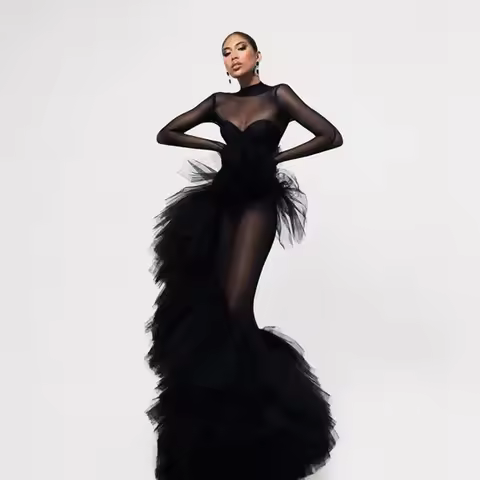 Eye Catching Black See Thru Mermaid Formal Dresses With Asymmetrical Ruffles Timmed Details Costumes
