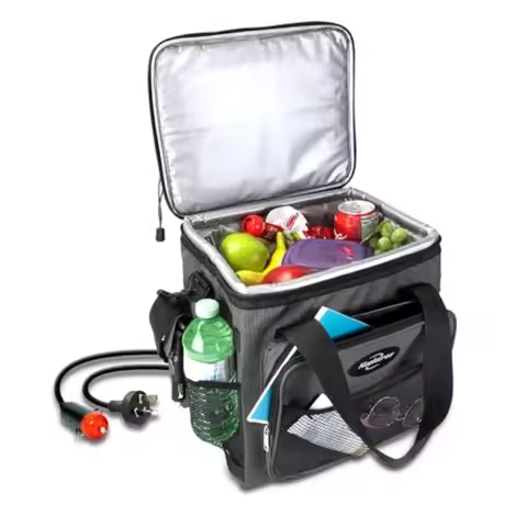 Portable 12V car cooler bag for camping and road trips, soft-sided thermo electric fridge in black/g