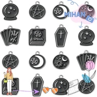 MH Black Tarot Charms, 7 Styles Zinc Alloy Magic Witch Charms, Witch Magic Charms 13-25mm Black Enamel Coffin Magic Ball Tarot Card Charms For Jewelry Making Bulk