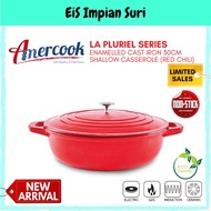 (AC0112606-30) Amercook La Pluriel 30cm Red Enamelled Cast Iron Low Shallow Pot with Lid - Chili Red