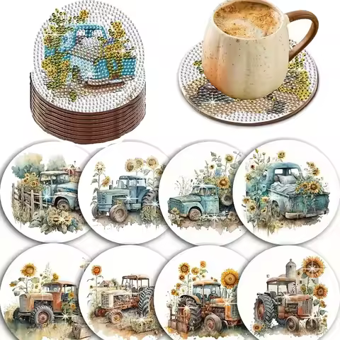 8 Pieces/Set of Car Diamond Painted Coaster Set with Holder DIY Coaster Beginner Coaster, Craft Supp