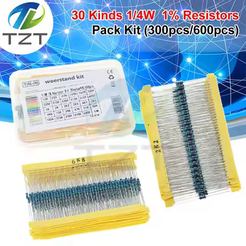 TZT 600pcs/set 30 Kinds 1/4W Resistance 1% Resistors Pack Kit 1K 10K 100K 220ohm 1M Resistors 300pcs