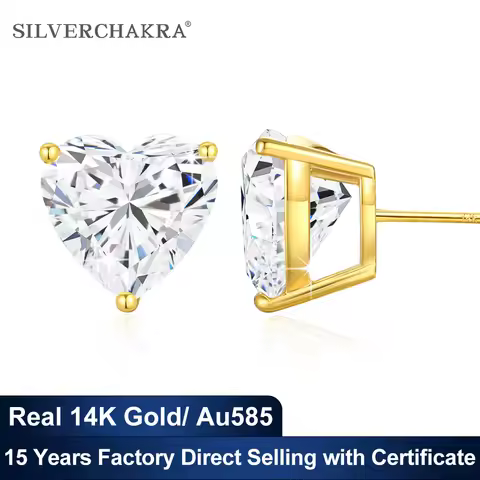 Genuine Au585 14K Gold Moissanite Diamond Heart Stud Earrings for Women 3 Claws Engagement Wedding F